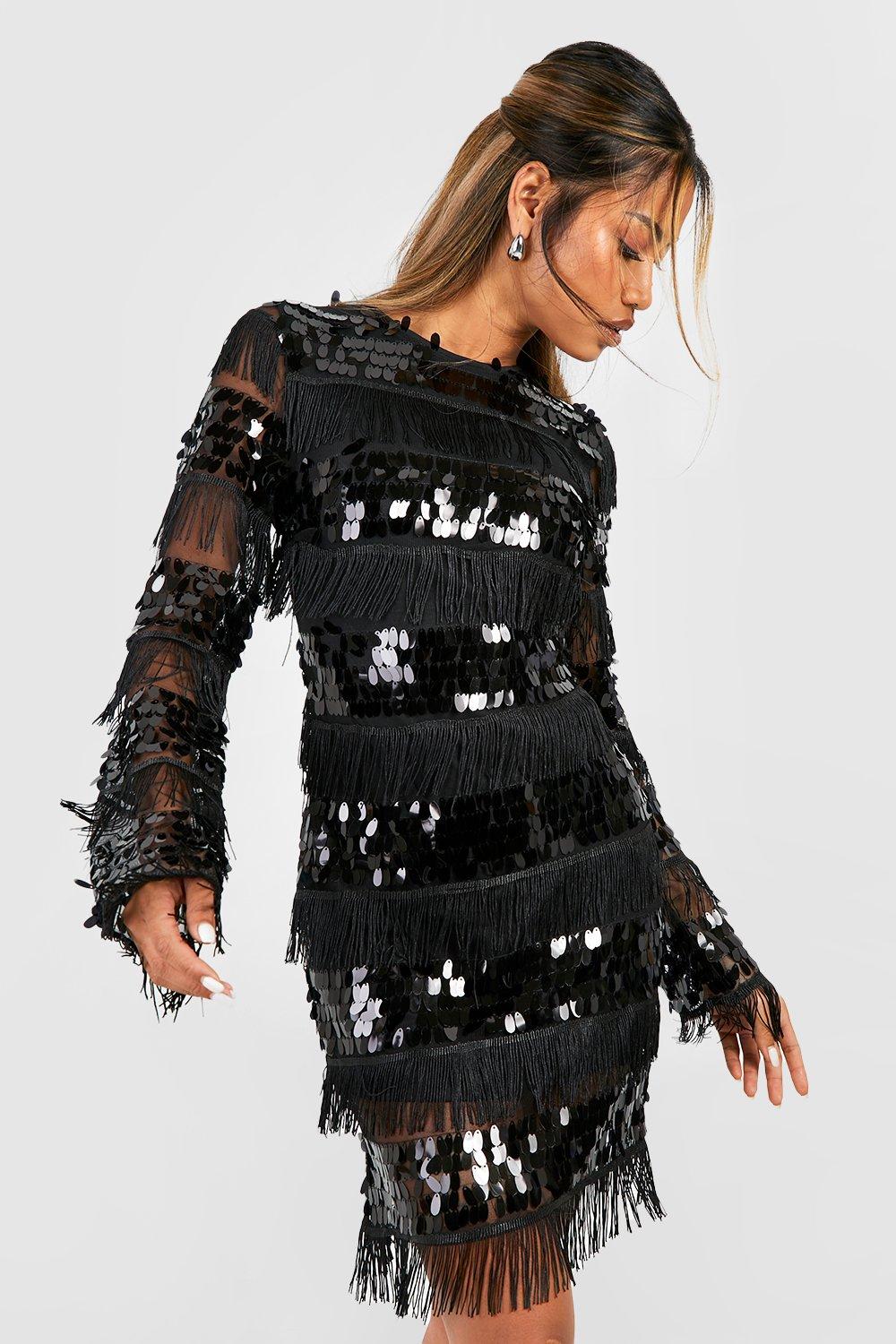 Womens Sequin And Tassel Long Sleeve Bodycon Party Dress - Black - 6, Black