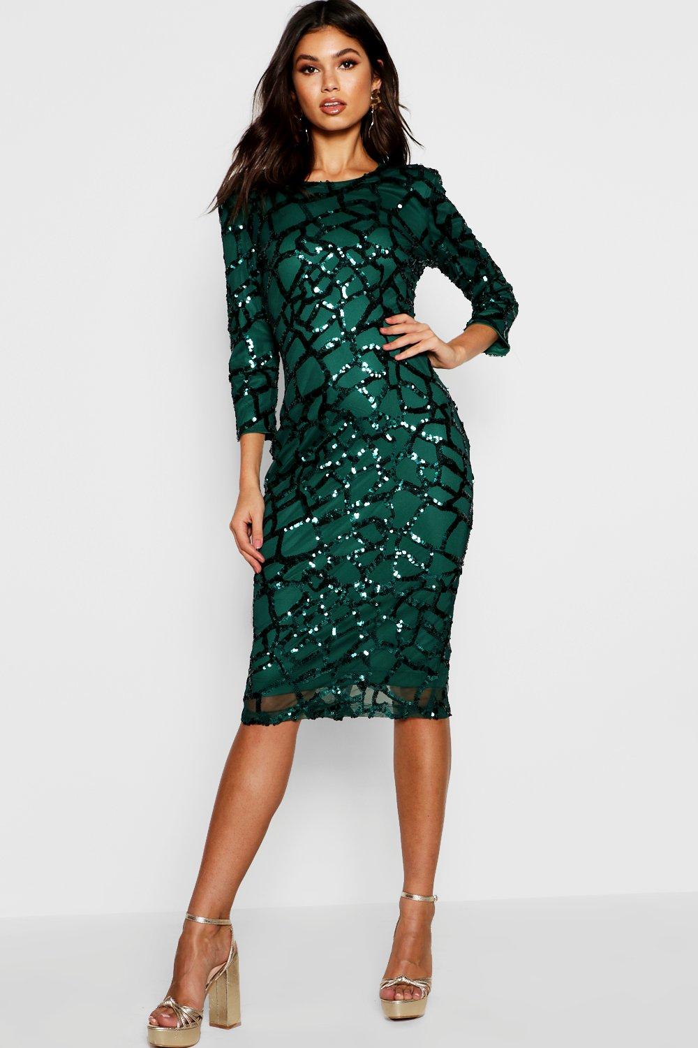 boutique sequin and mesh midi dress