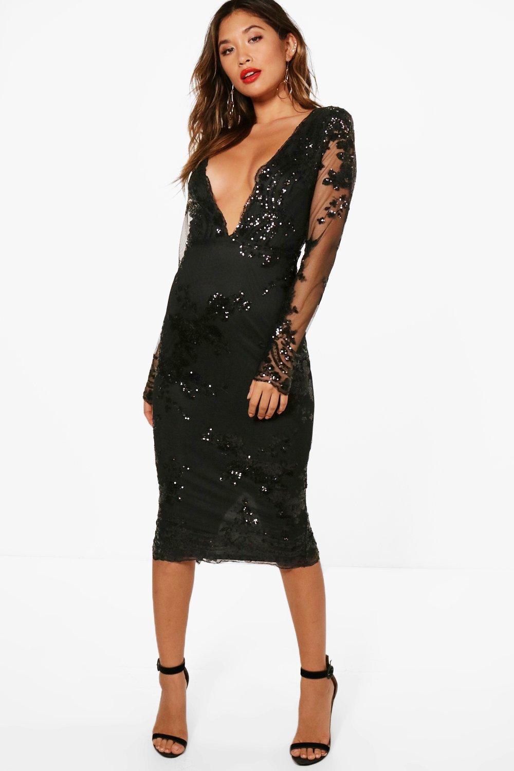 boutique sequin and mesh midi dress
