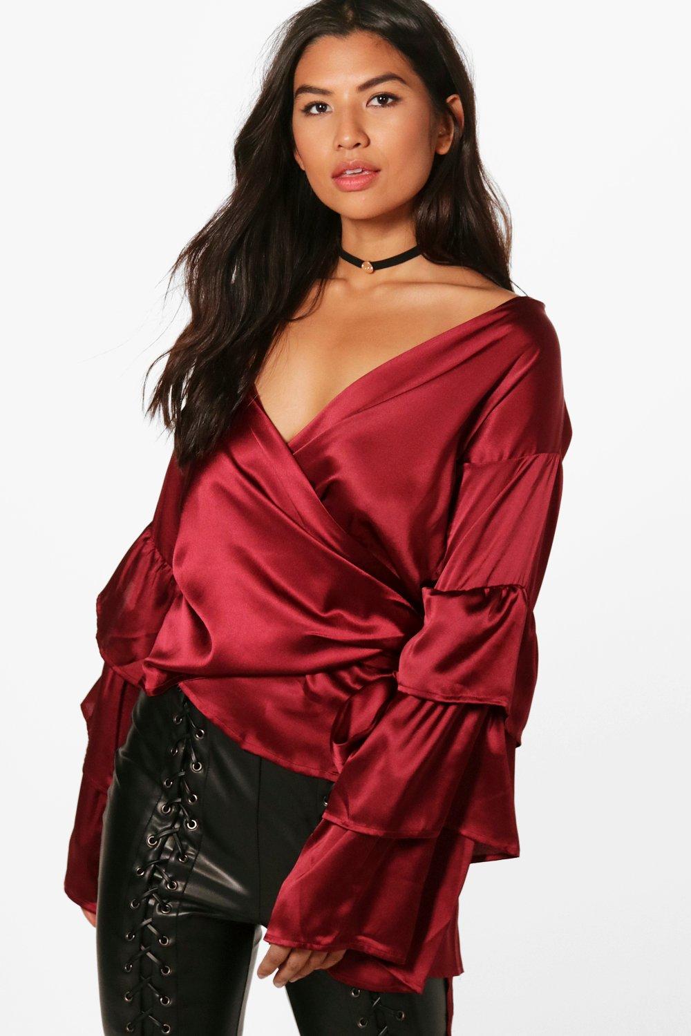 

Oversized Ruffle Sleeve Blouse, Винный