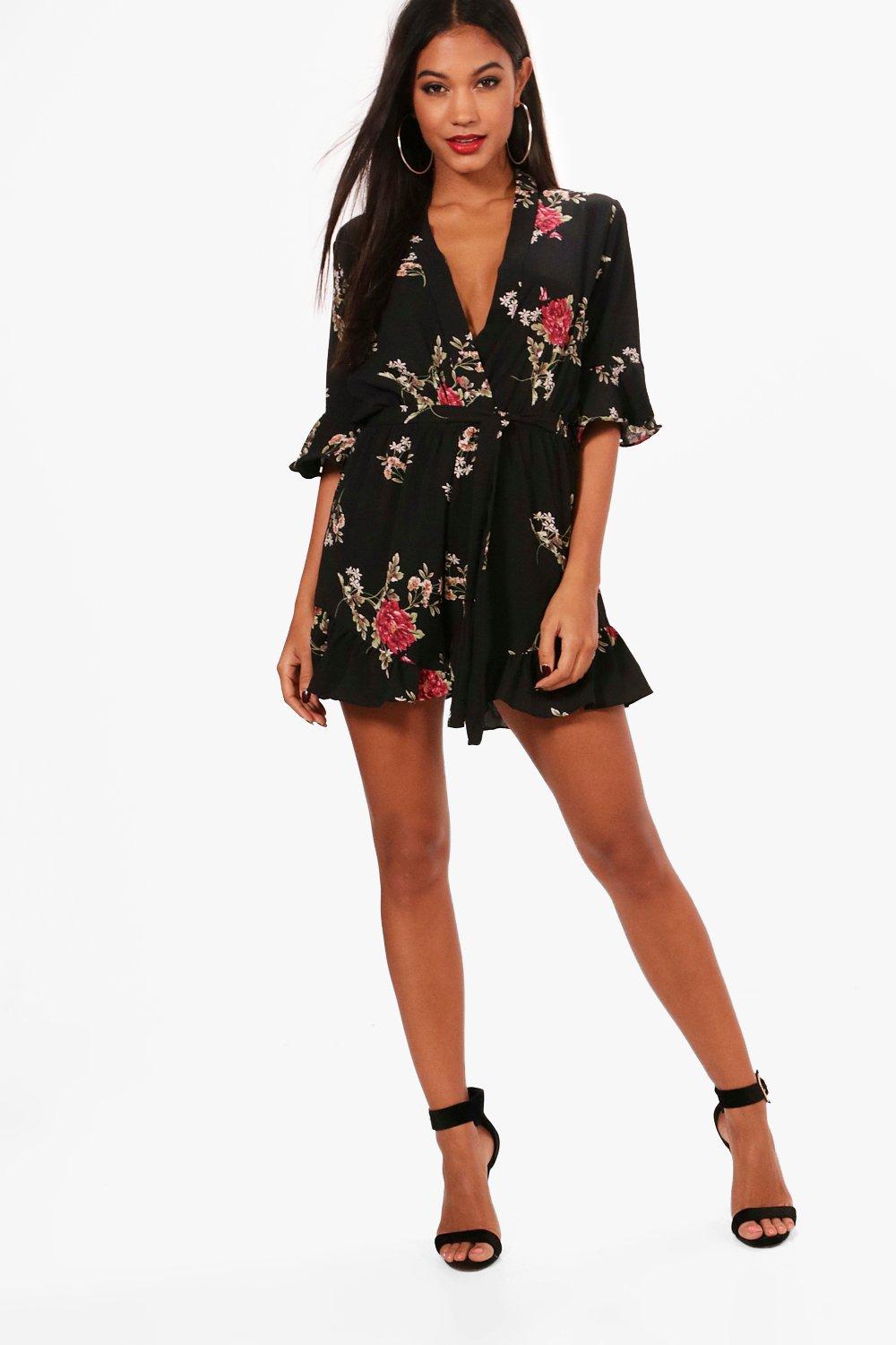 Floral Ruffle Sleeve Wrap Over Playsuit | Boohoo