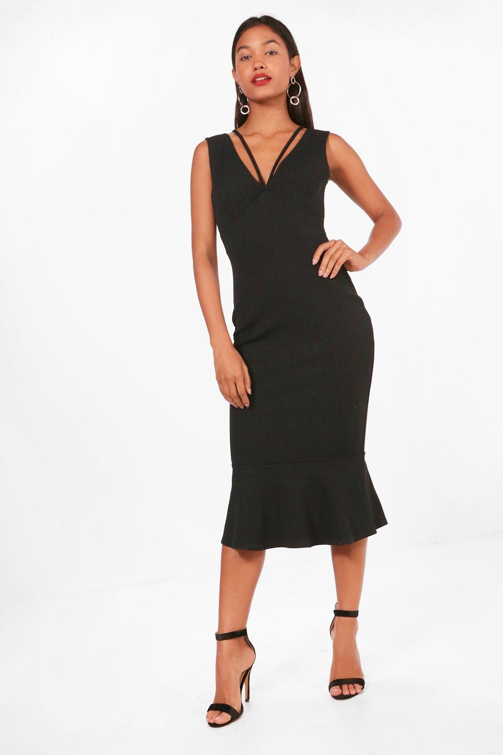 strappy frill hem midi dress