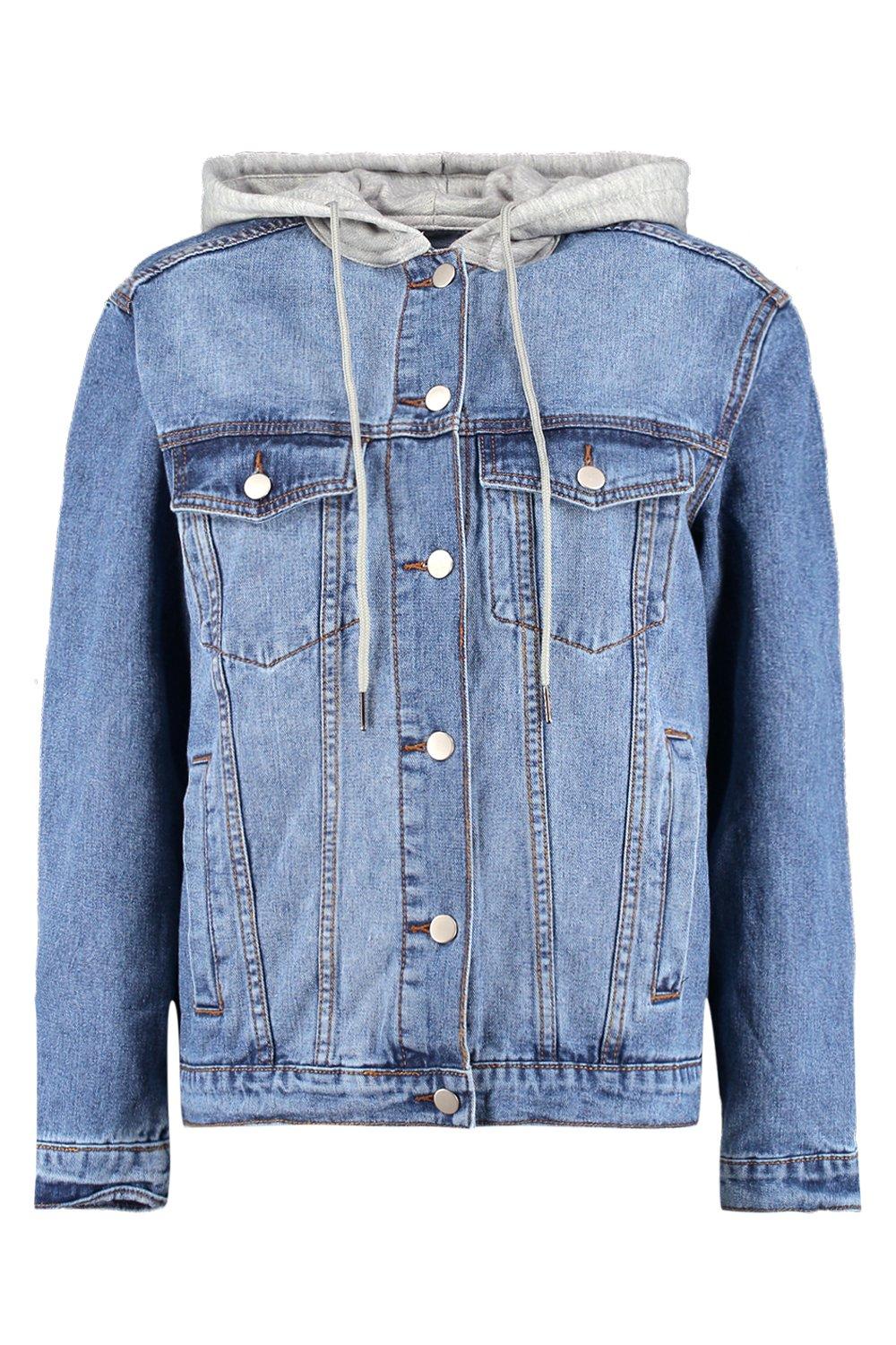 jean jacket with gray hood