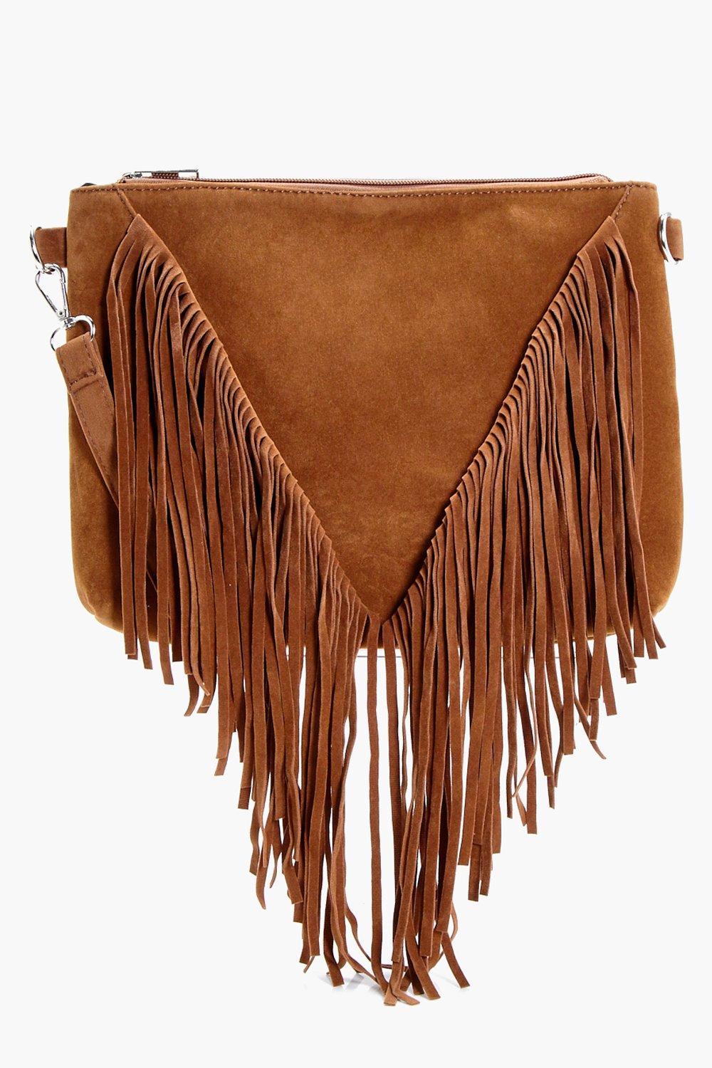 Womens Suedette Fringed Crossbody Bag - Brown - One Size, Brown