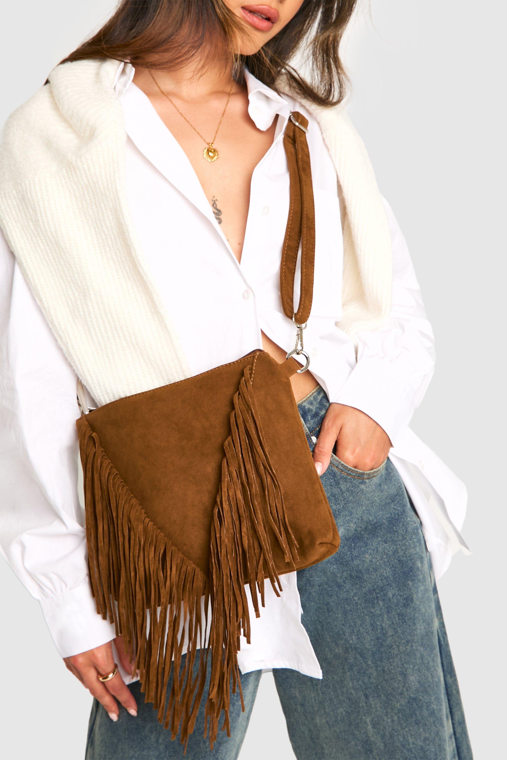 Womens Suedette Fringed Crossbody Bag - Brown - One Size, Brown