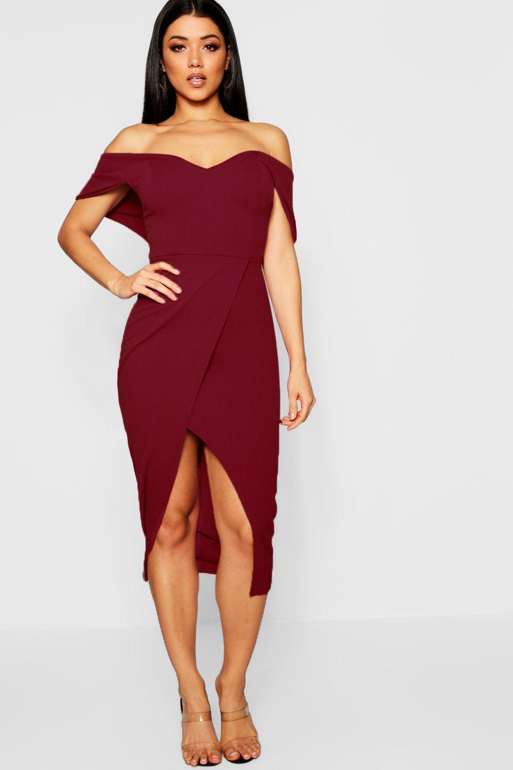 off the shoulder midi wrap dress