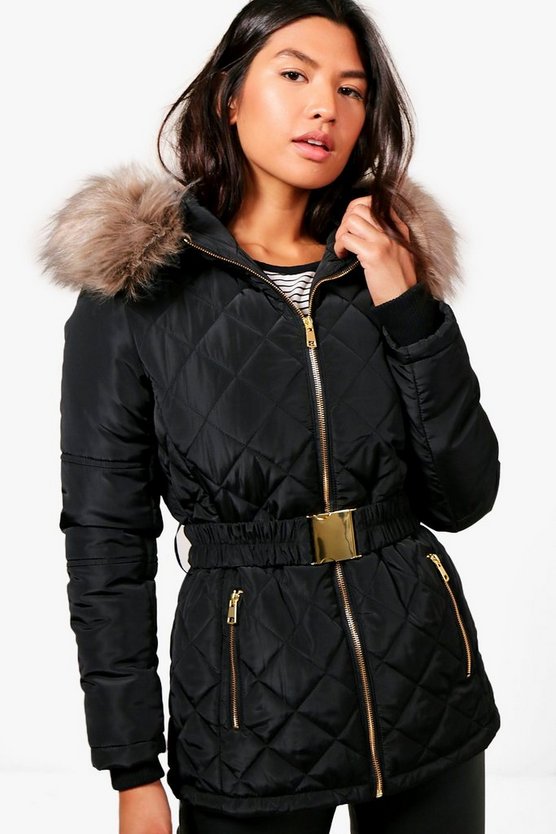 Danielle Diamond Quilted Jacket With Faux Fur Trim | Boohoo