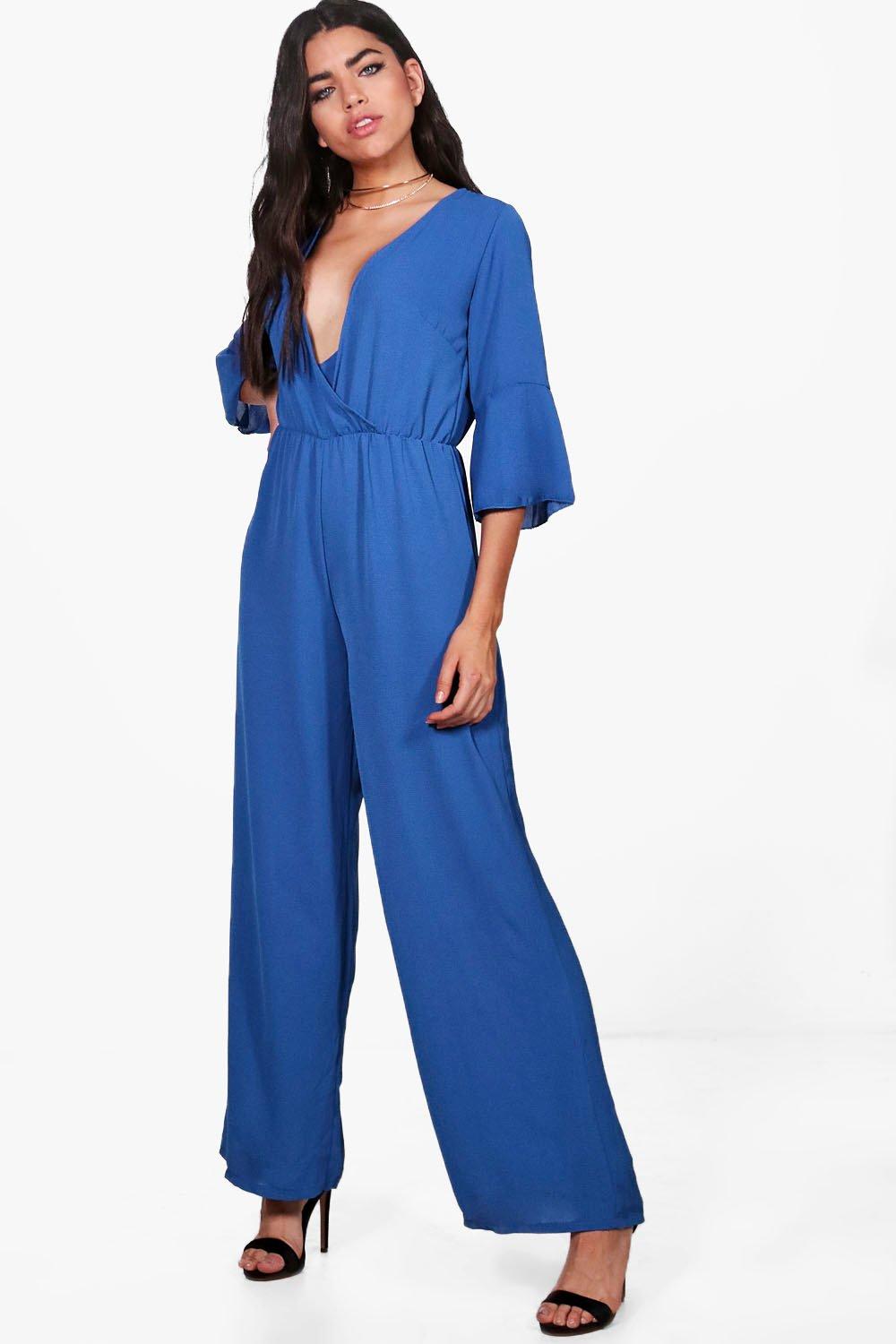 

Wide Leg Flare Sleeve Jumpsuit, Кобальтовый