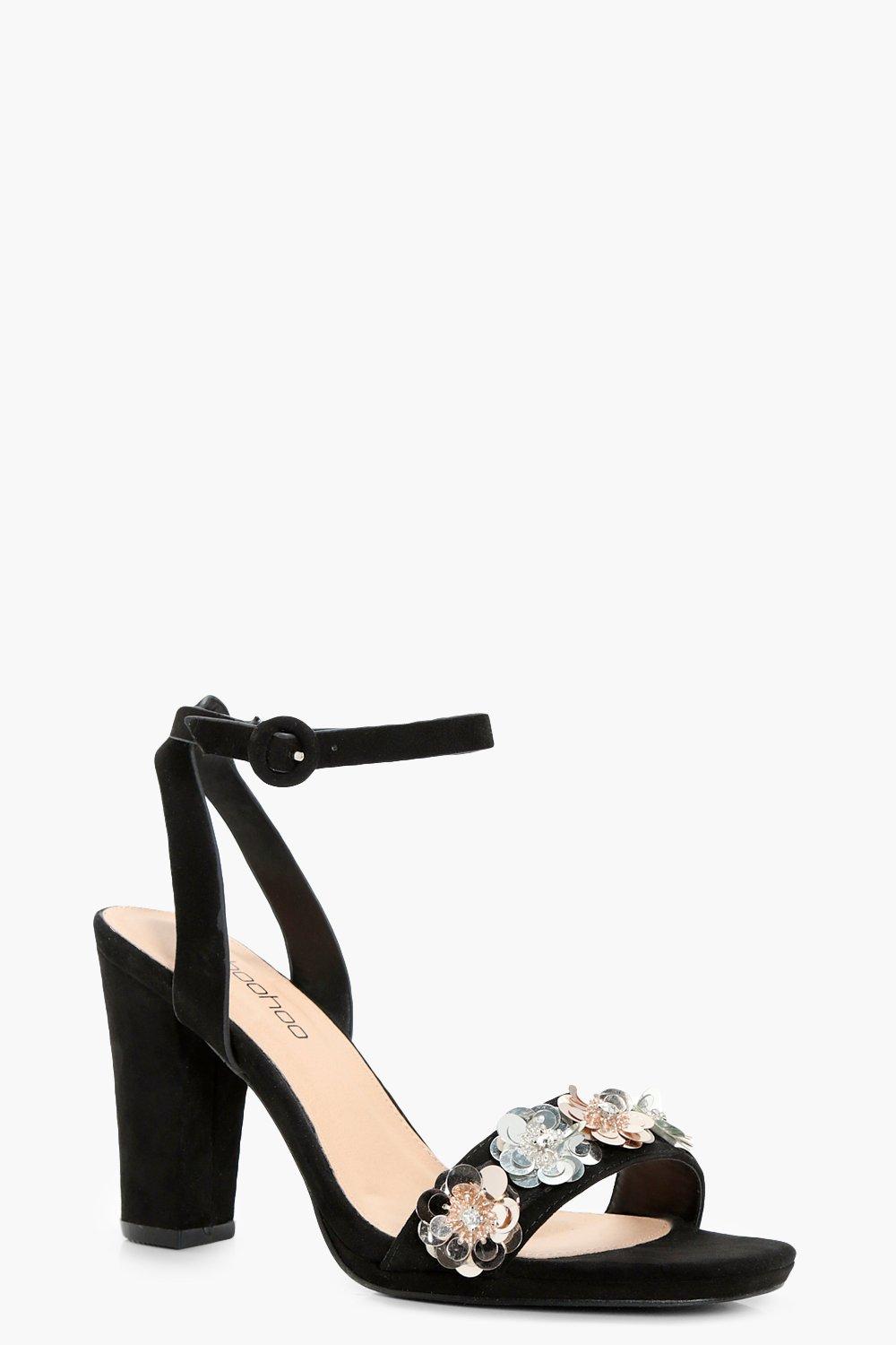 black embellished block heels