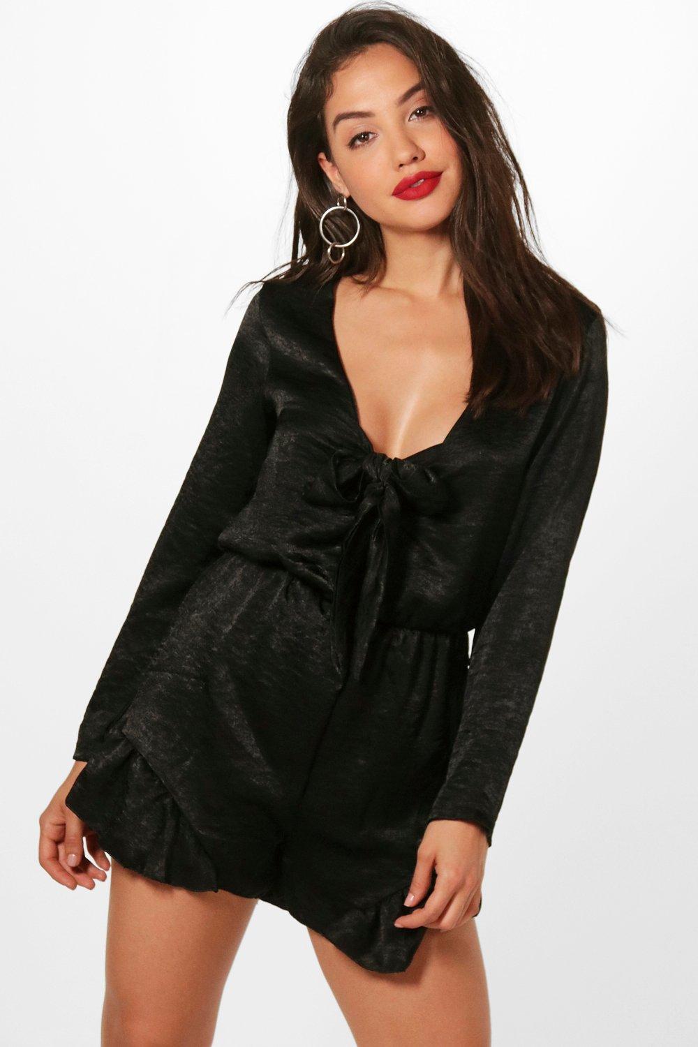 Kate Bow Front Satin Wrap Playsuit | Boohoo