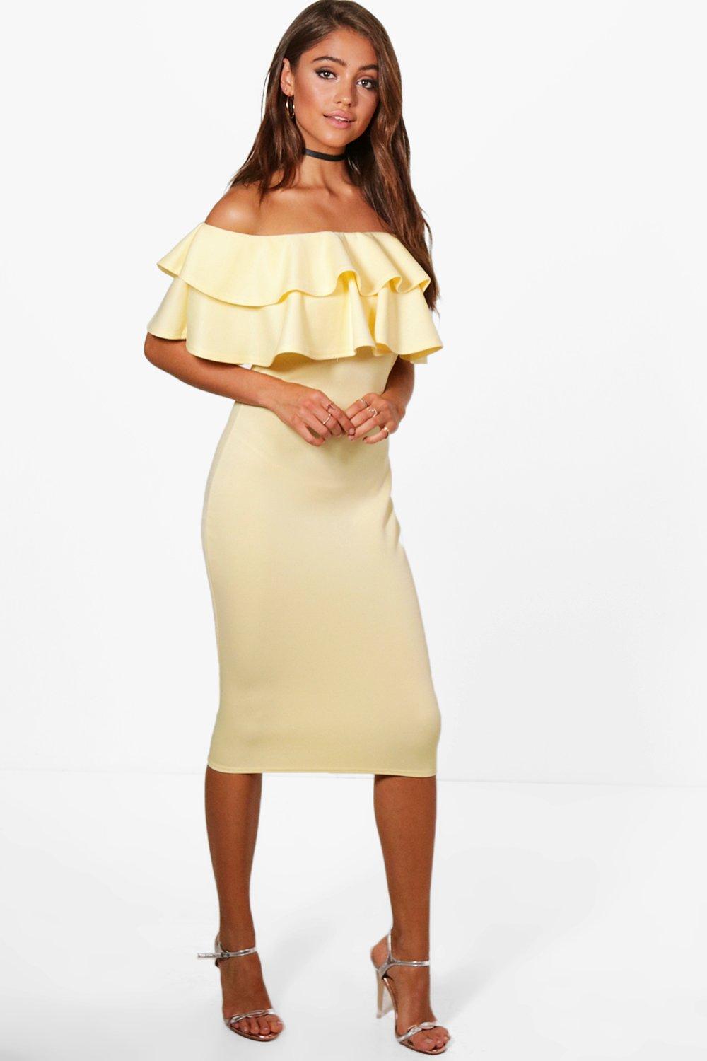 yellow bardot midi dress