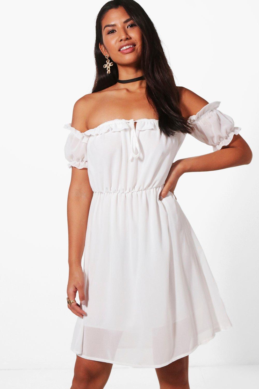 white ruffle bardot dress