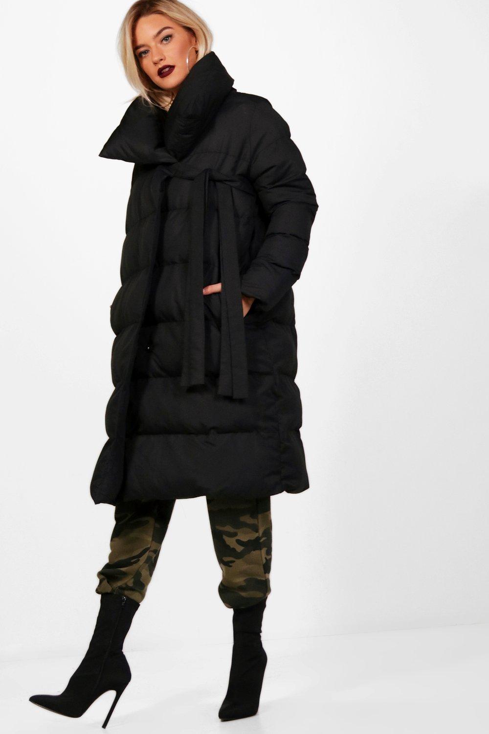 boohoo longline padded coat with hood in black