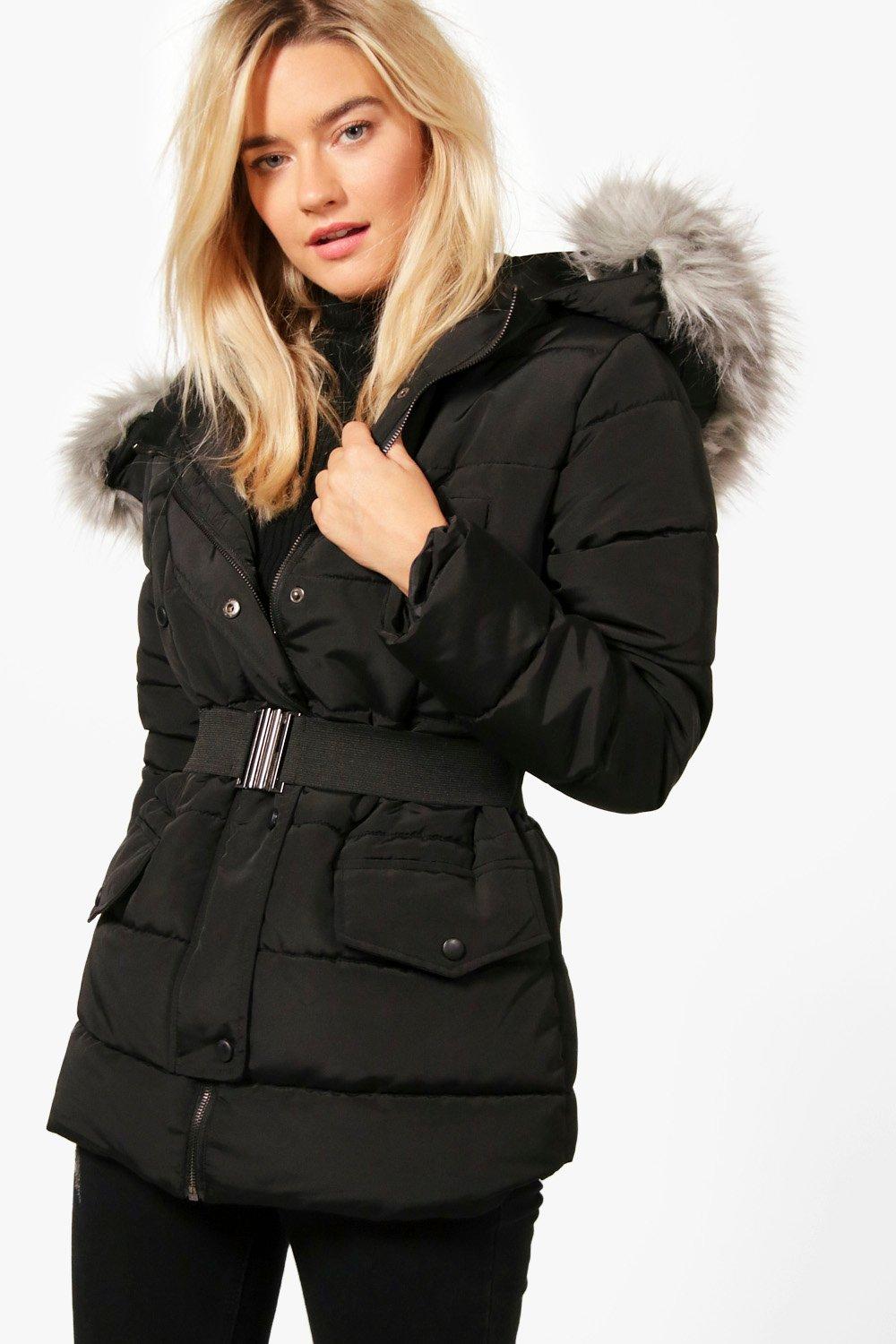 belted padded coat with hood