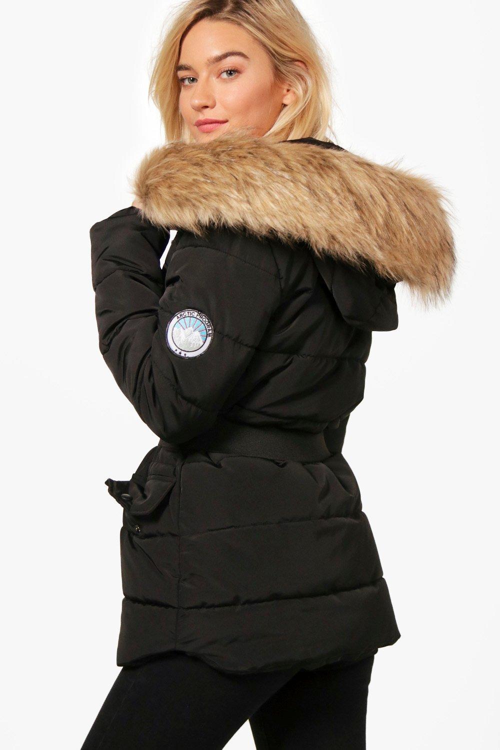 belted padded coat with hood