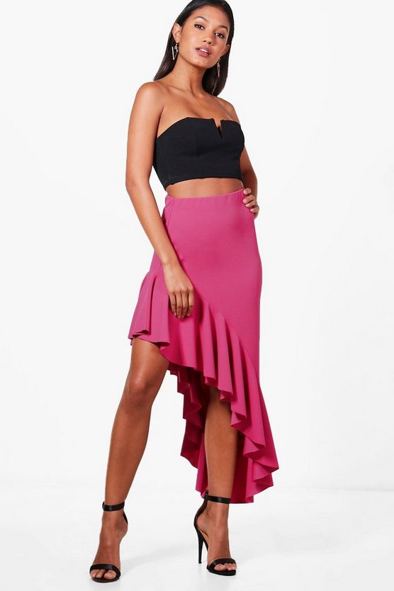 Cassia Ruffle Hem Asymetric Maxi Skirt | Boohoo
