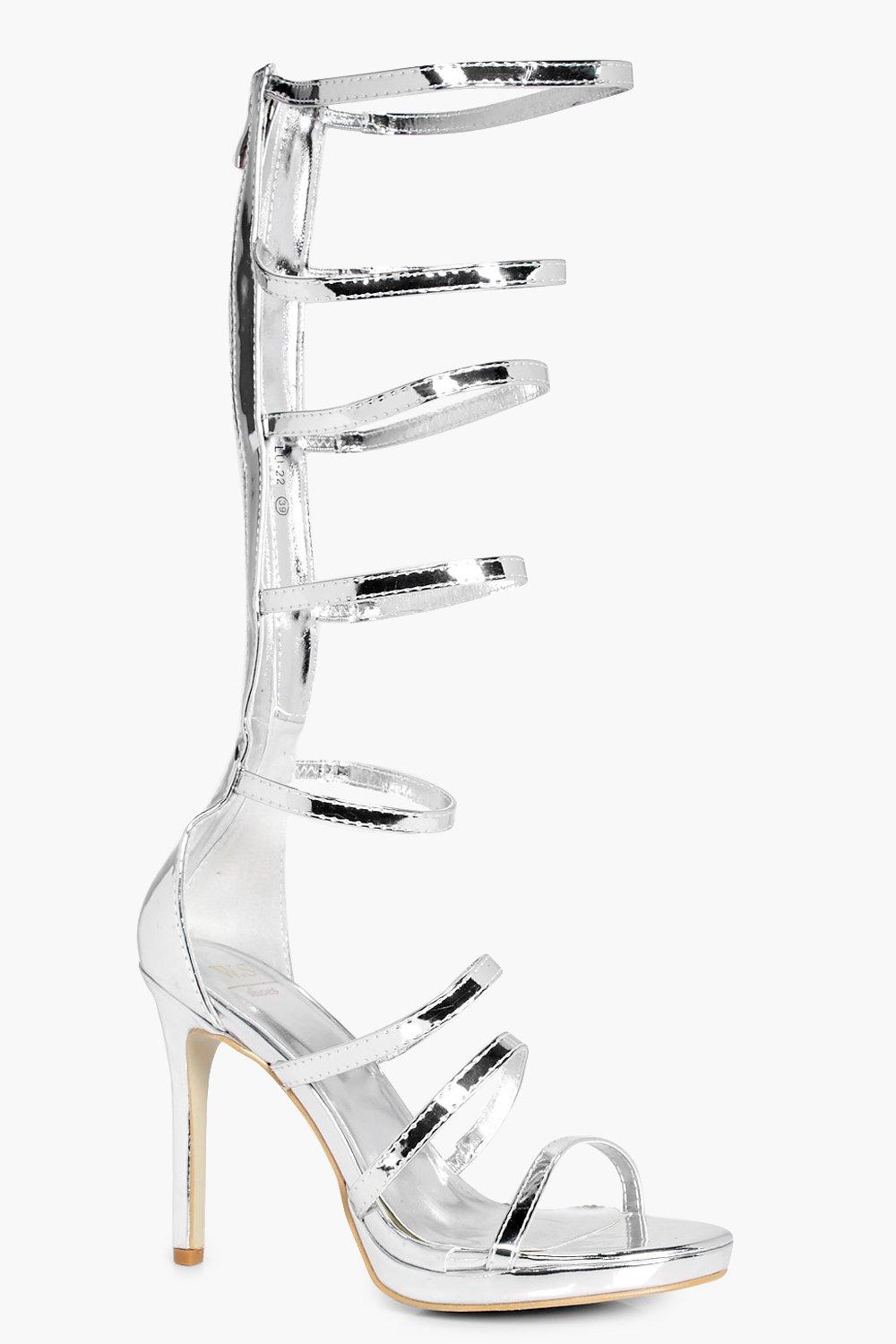 silver knee high gladiator heels