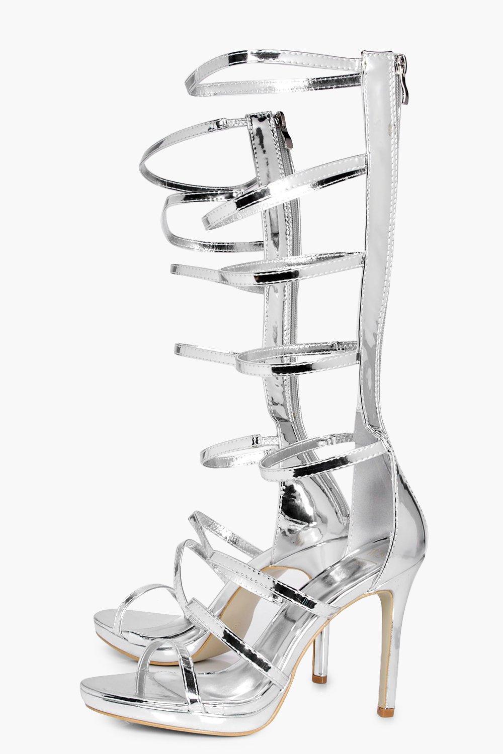 silver knee high gladiator heels