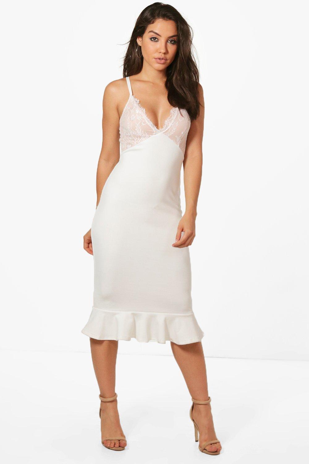 lace frill hem midi dress