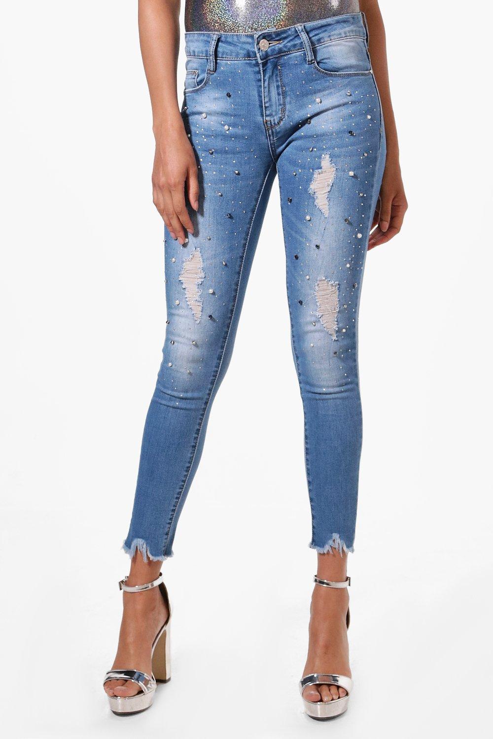 women's pearl embellished jeans