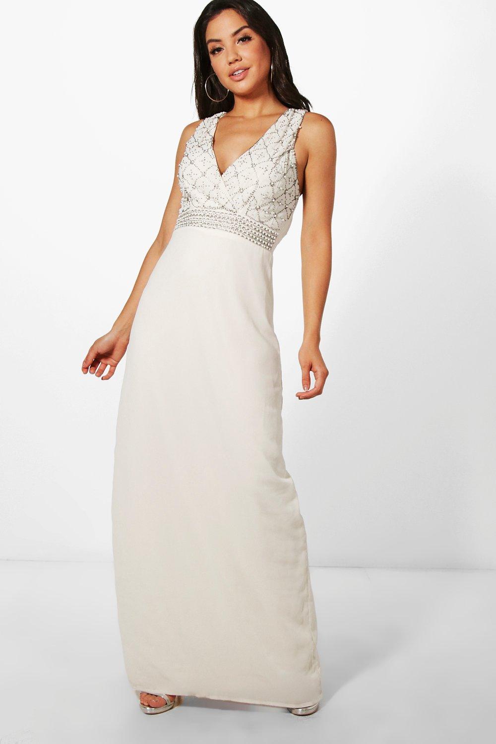 black iridescent rhinestone pearl embellished draped slit maxi dress
