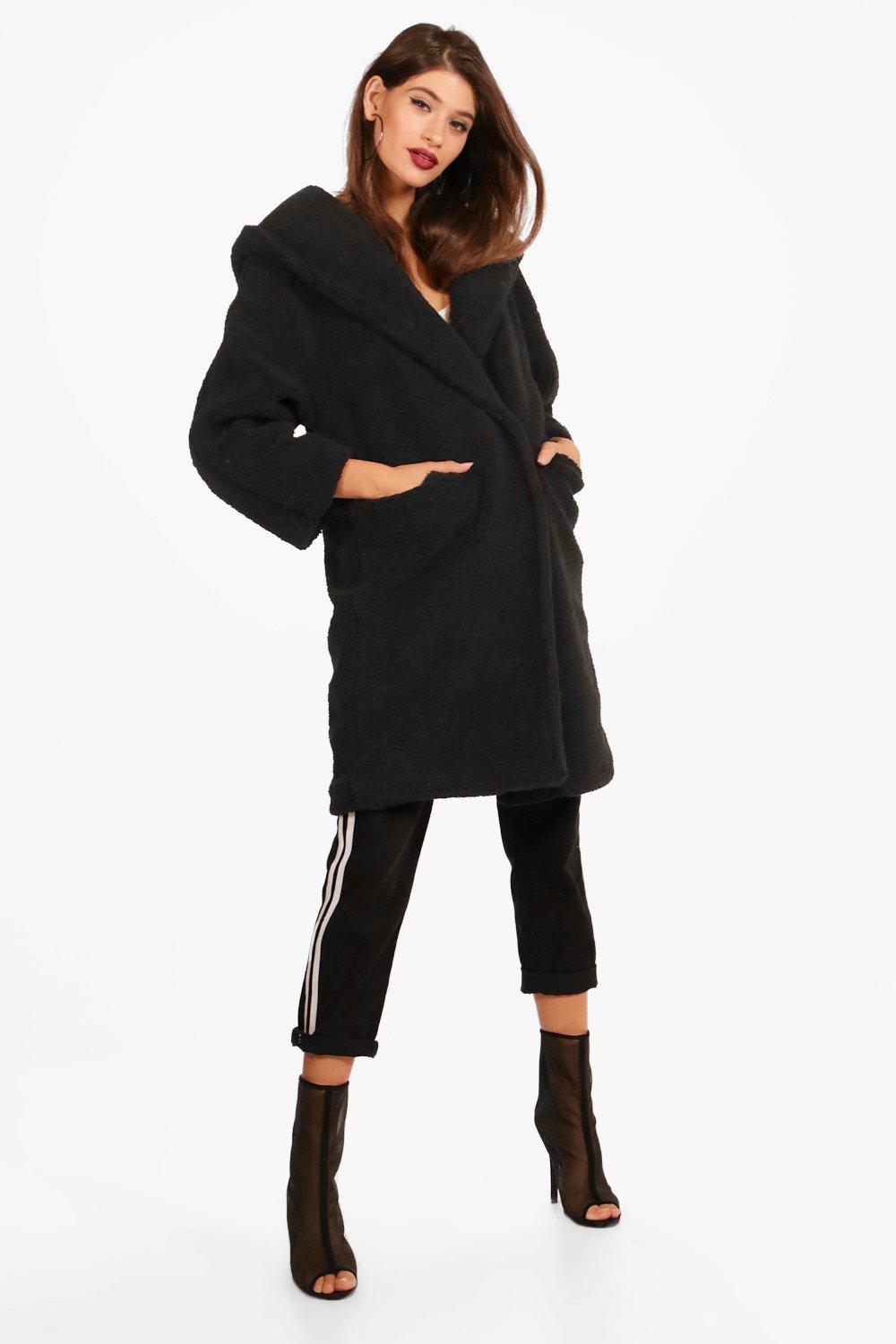 black teddy coat with hood