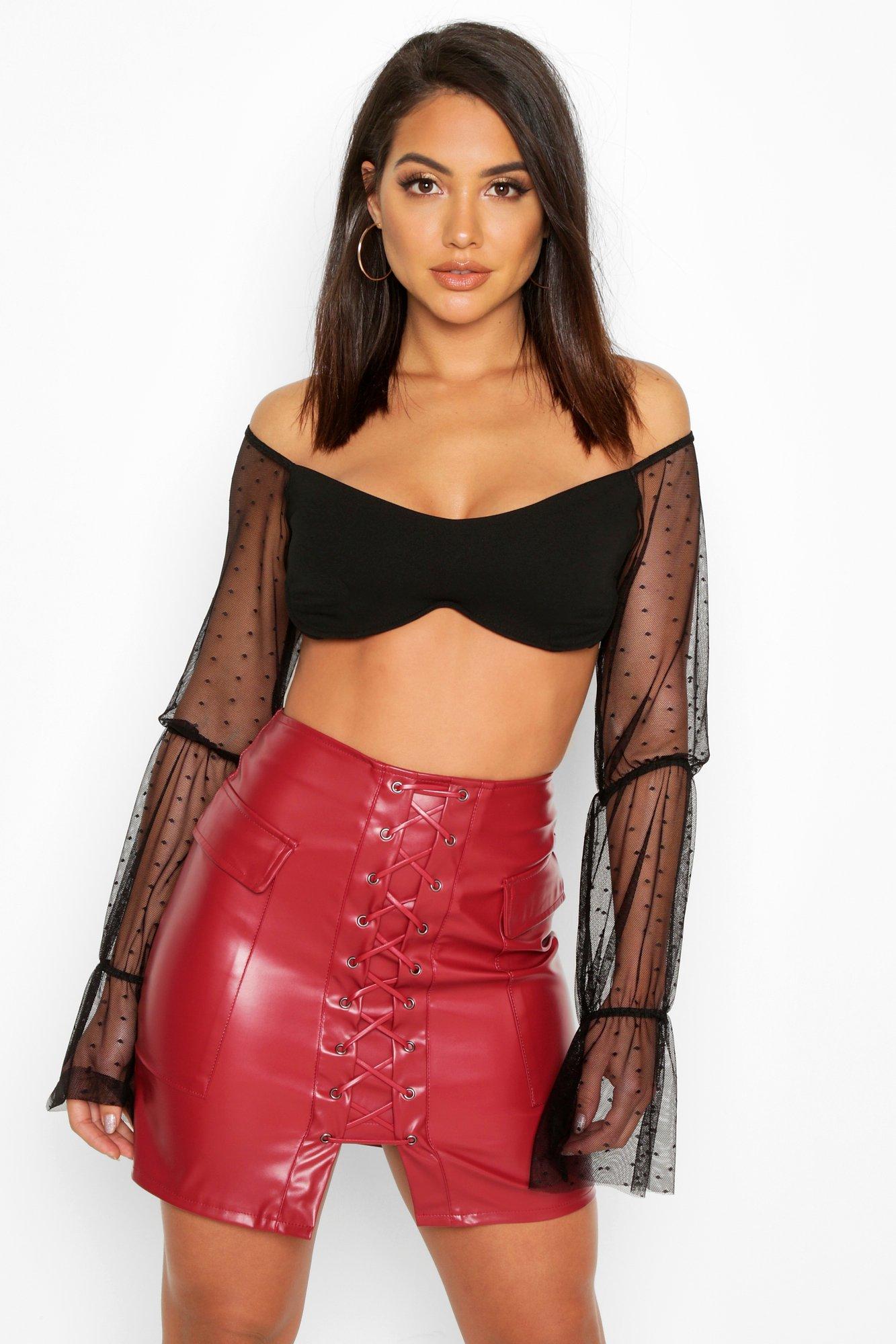 

Trixie Leather Look Lace Up Pocket Side Skirt, Berry