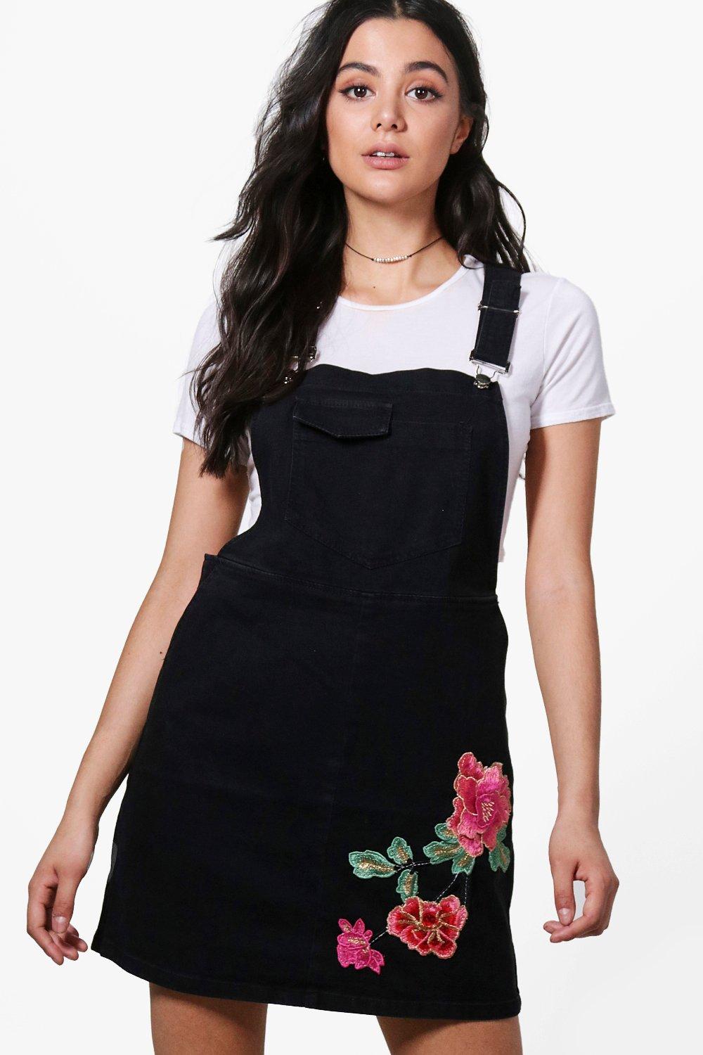 embroidered denim pinafore dress