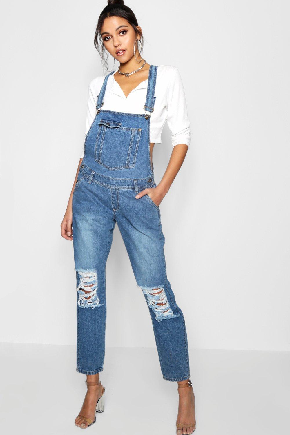 Rachel Mid Wash Boyfriend Denim Dungarees | Boohoo