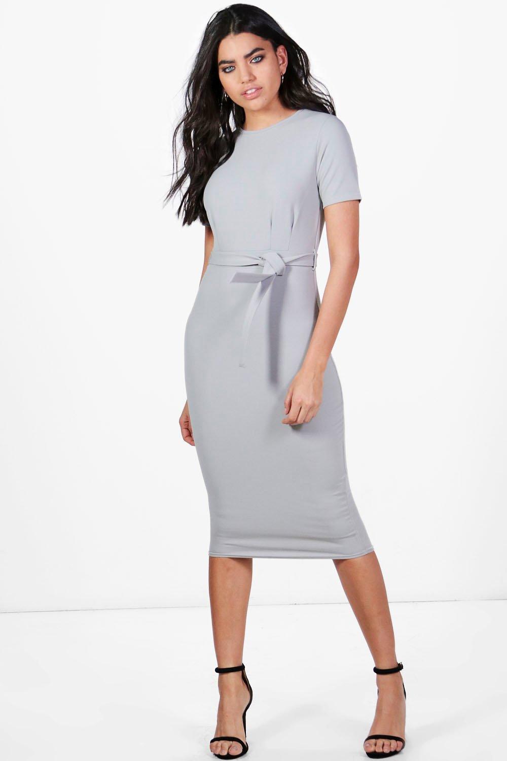 pleat front belted tailored midi dress