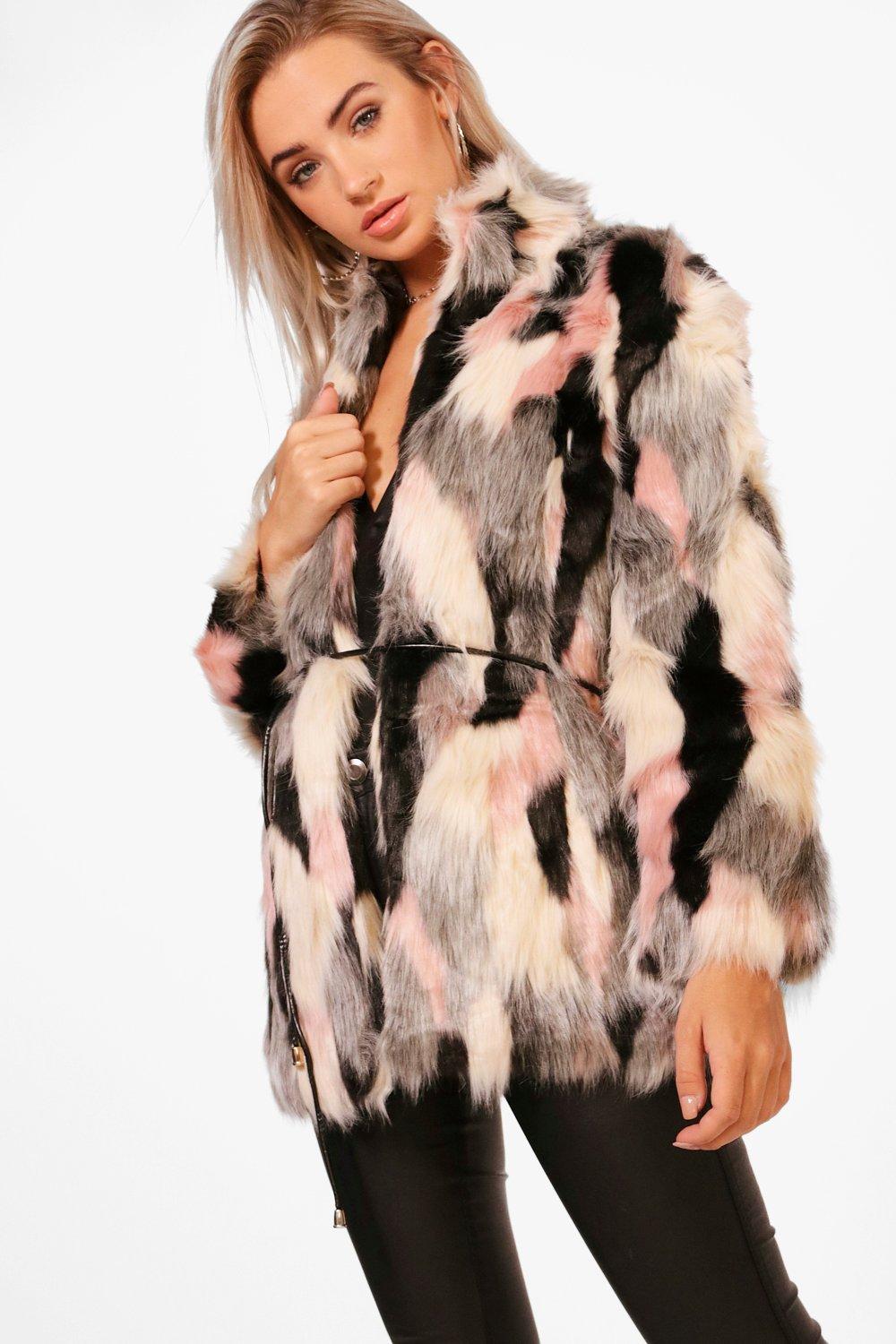 Boutique Emma Patchwork Faux Fur Coat With PU Belt | Boohoo