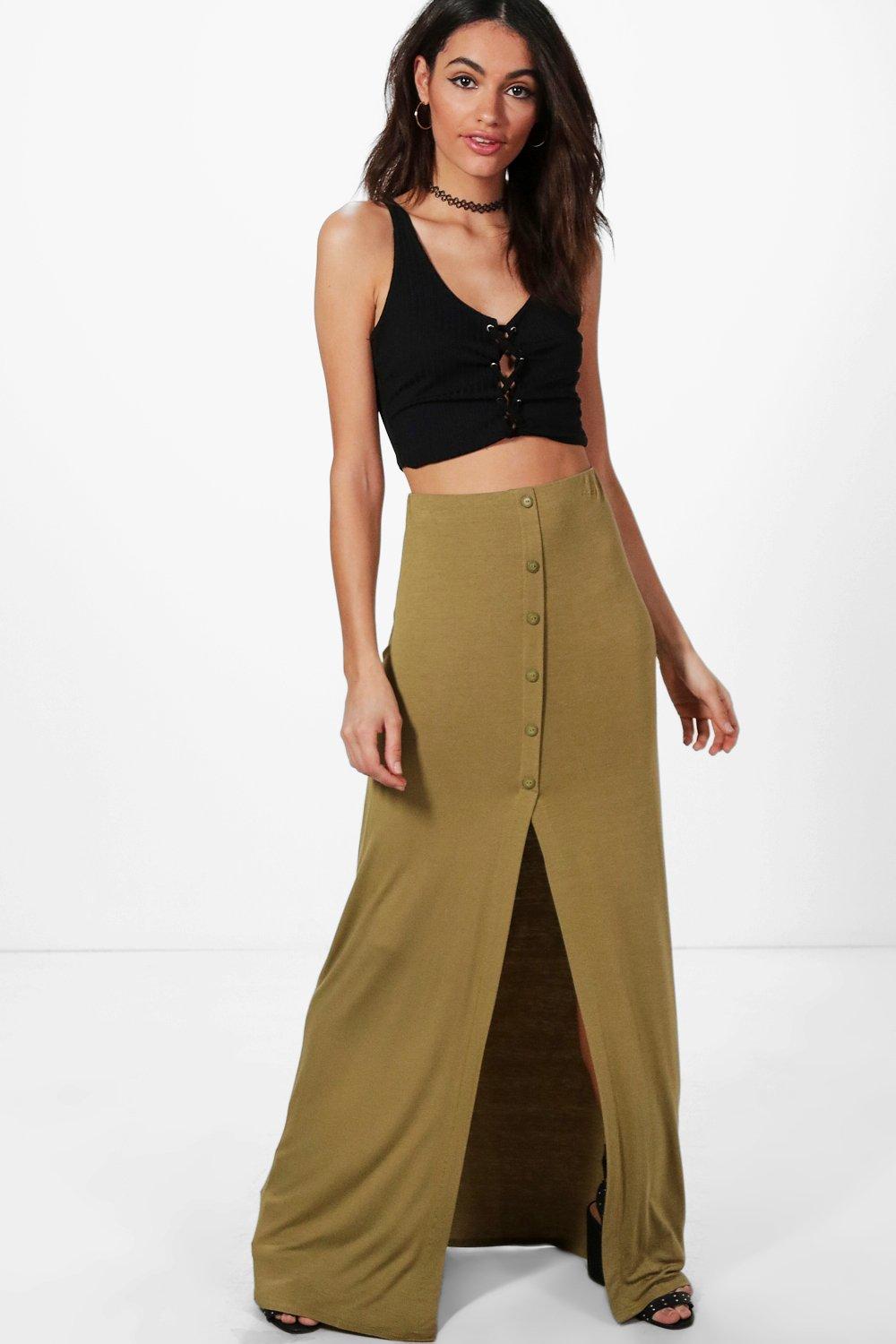 Boohoo Womens Rayah Button Front Split Jersey Maxi Skirt | eBay