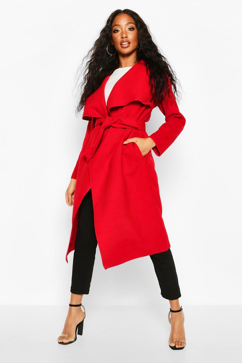 womens belted waterfall coat - red - s/m, red