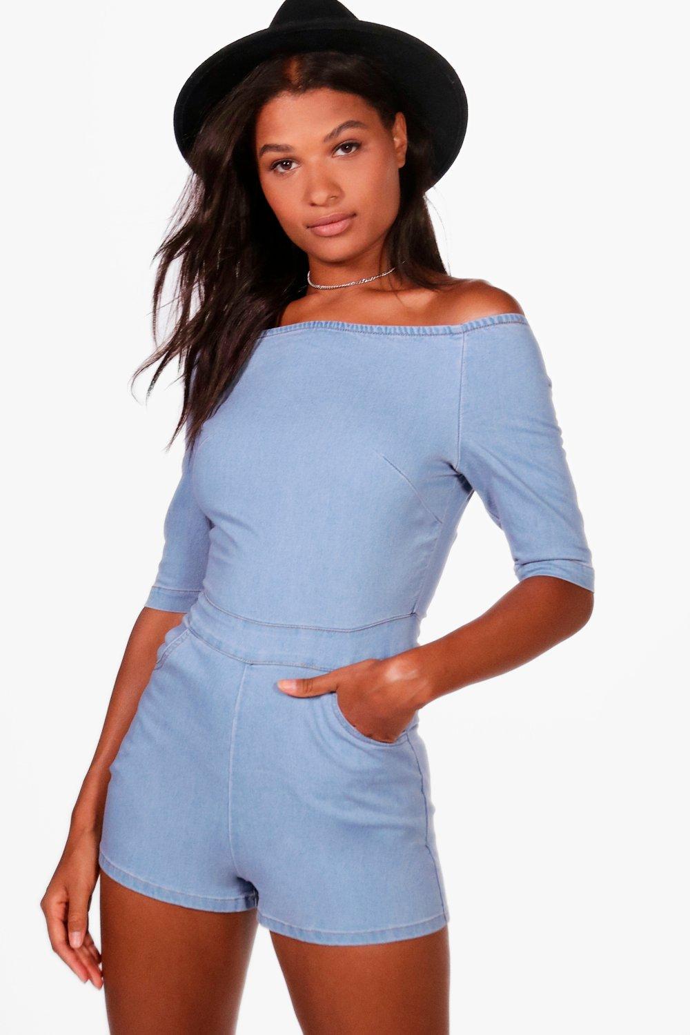 off the shoulder denim playsuit