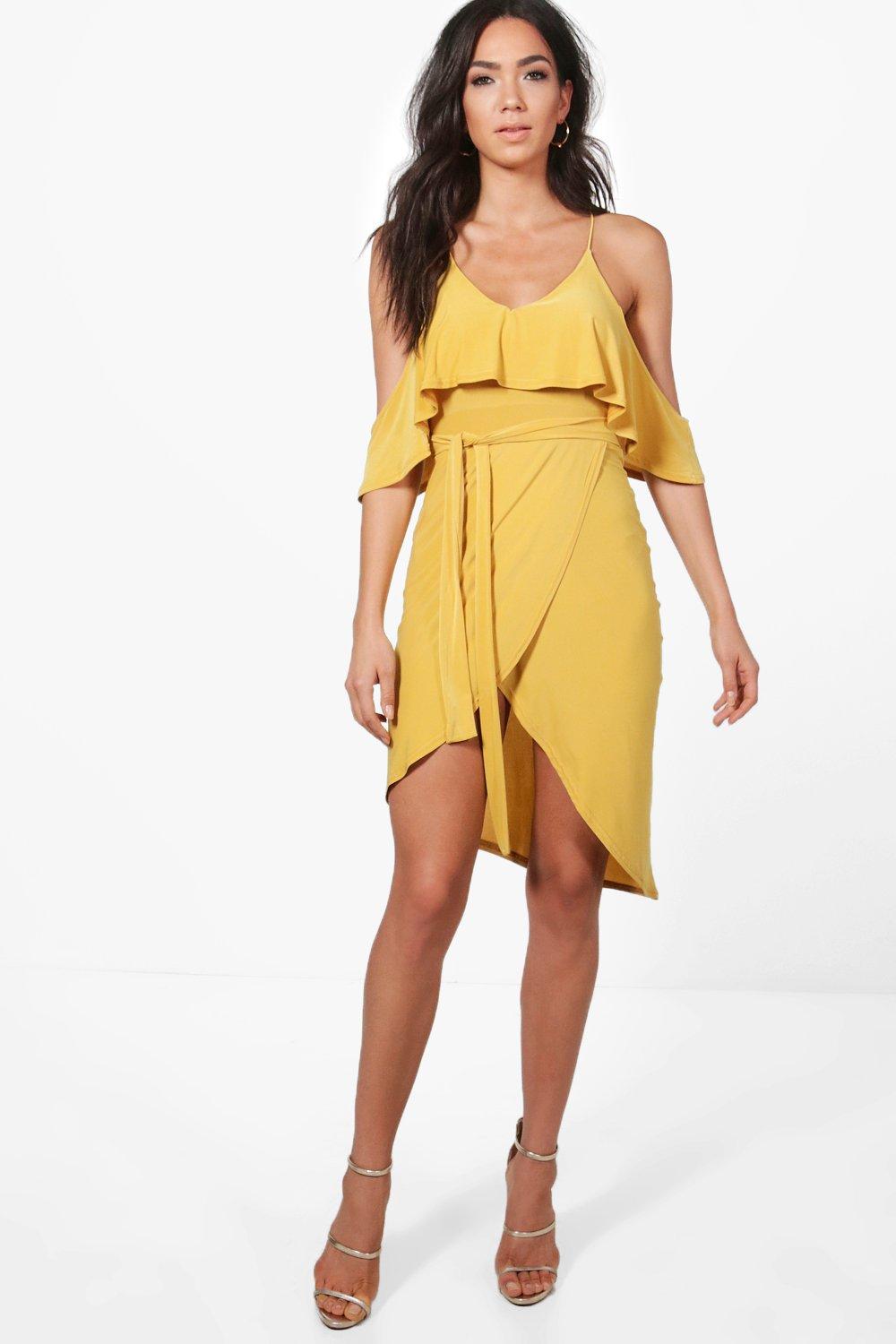 Slinky Cold Shoulder Wrap Midi Dress 