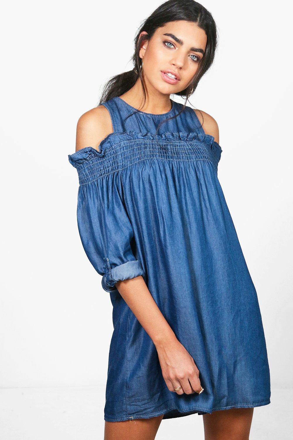 off the shoulder denim dress boohoo