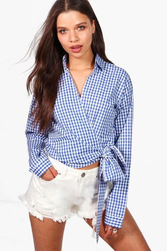 Anna Blue Gingham Wrap Front Blouse