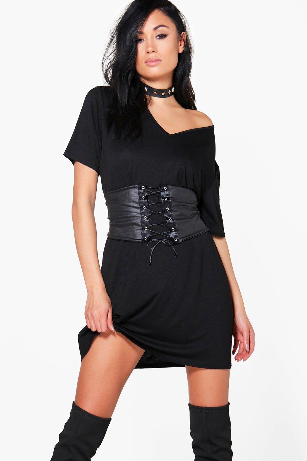 Boohoo Womens Elyse Corset Belt  2 in 1 V Neck T  Shirt  