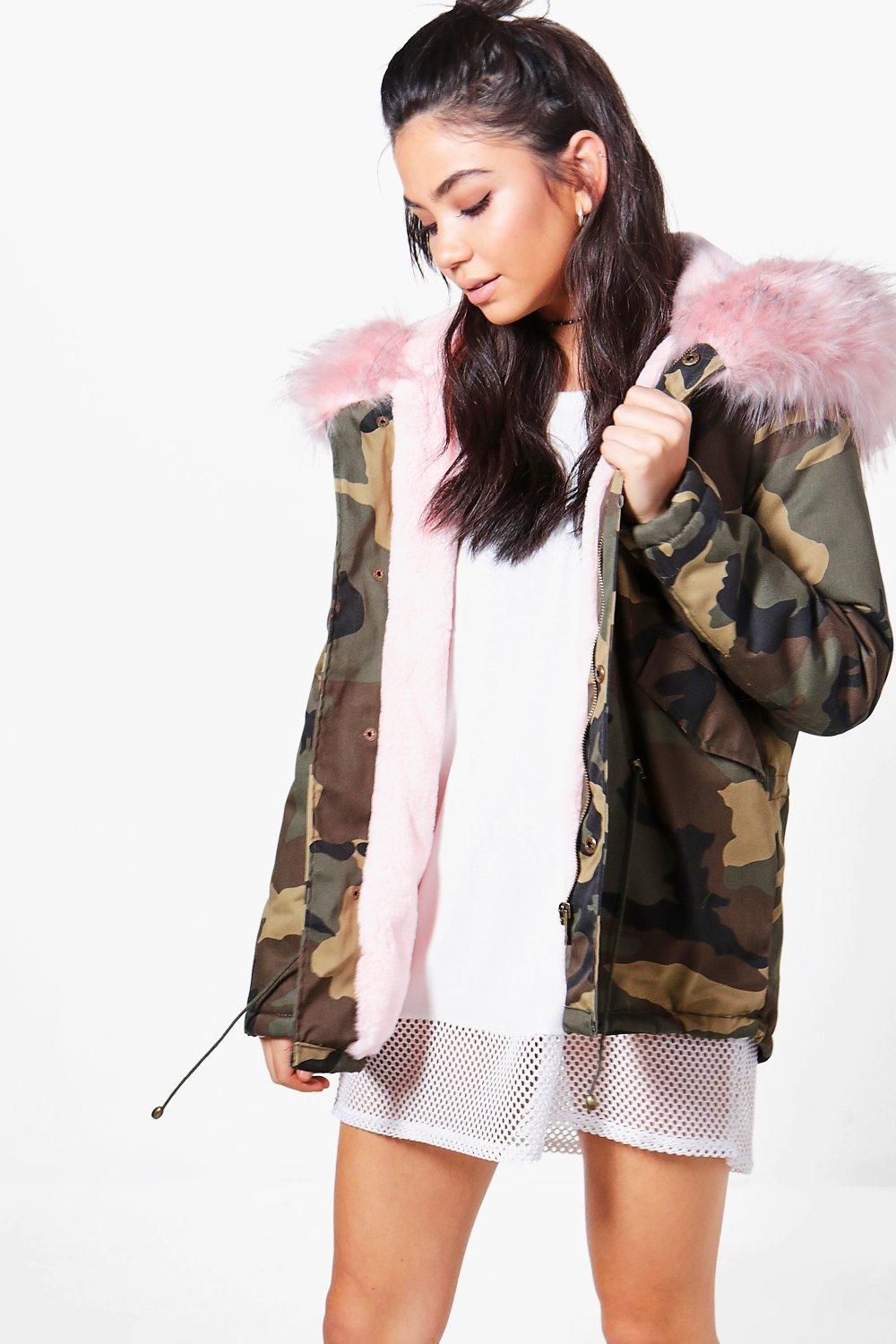 camo parka pink fur