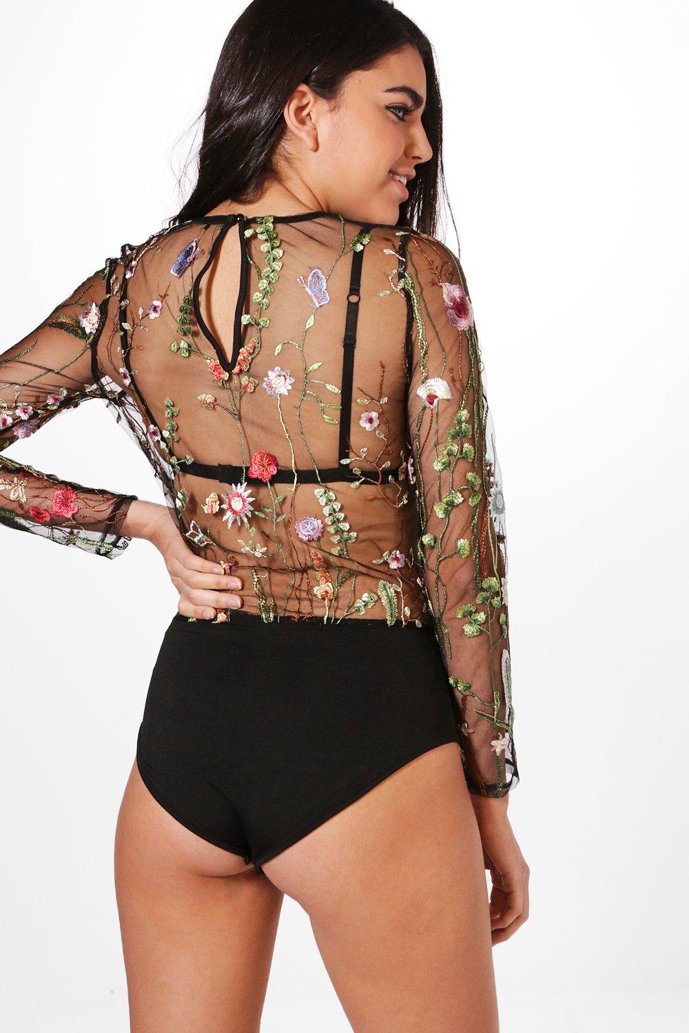 embroidered mesh bodysuit