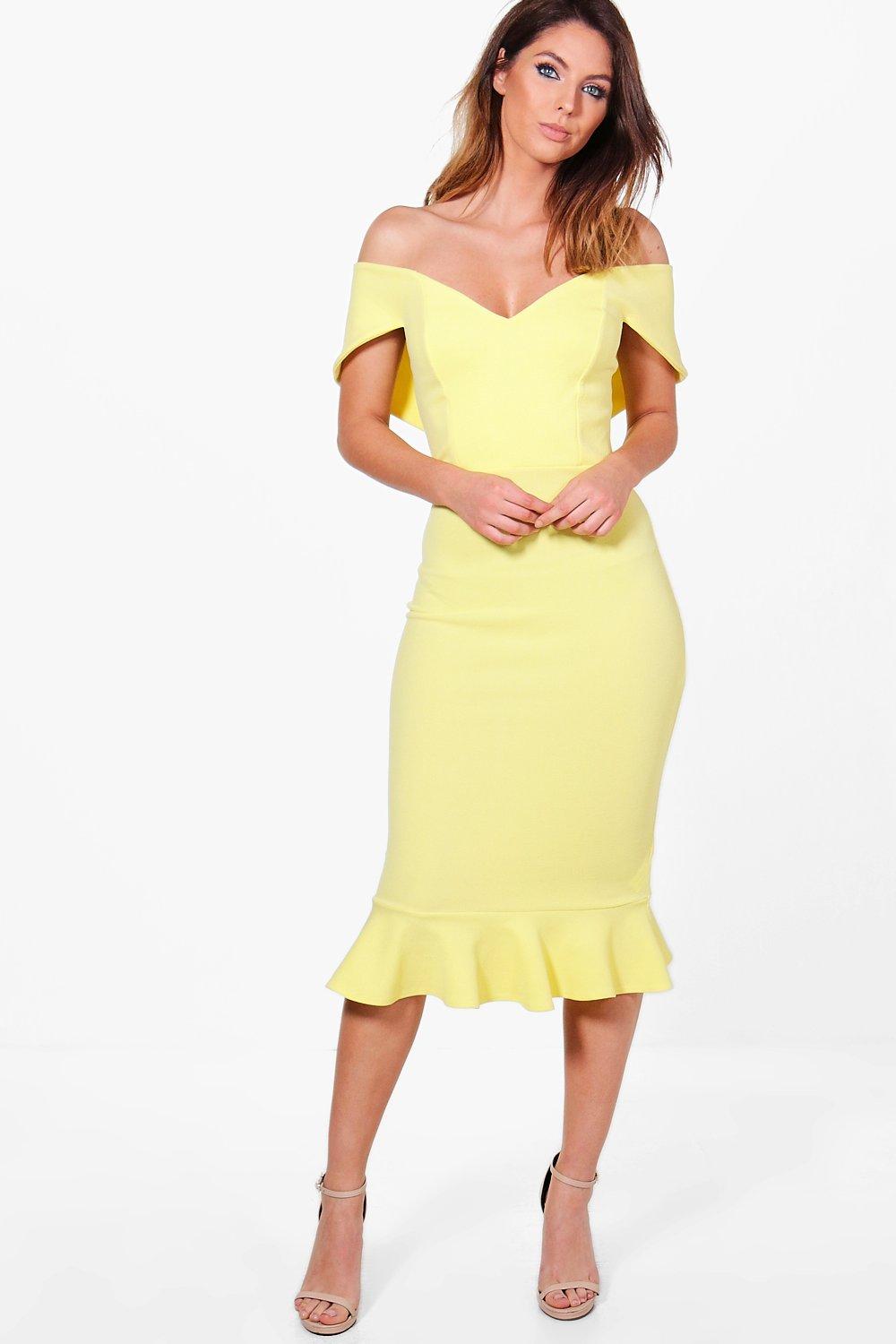 yellow off shoulder midi dress