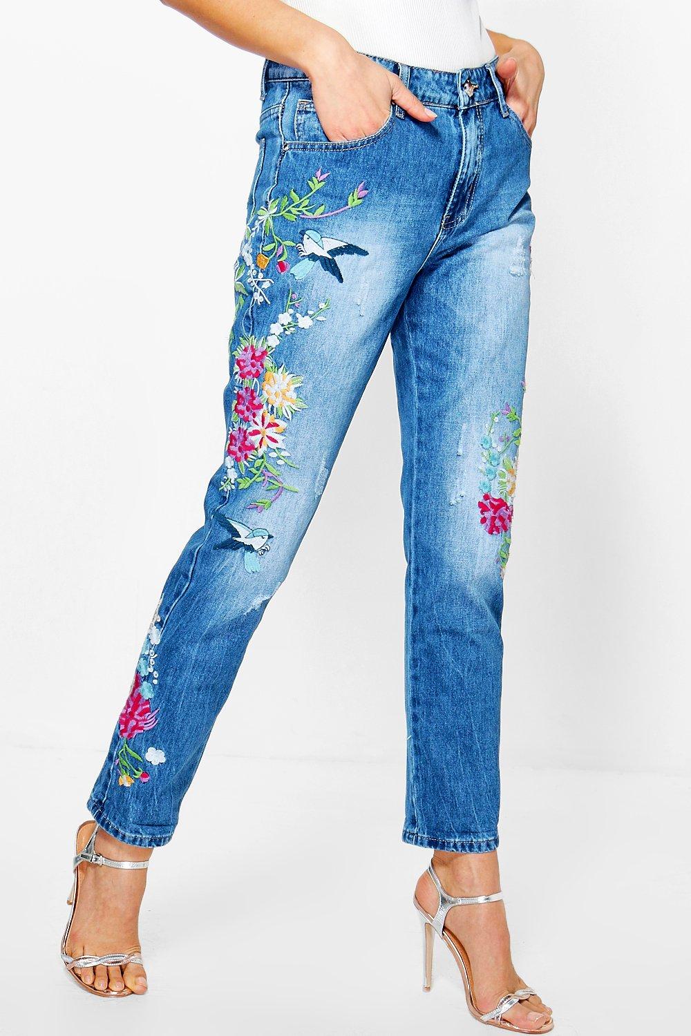 Boohoo Womens Molly Mid Rise All Over Embroidered Boyfriend Jeans | eBay