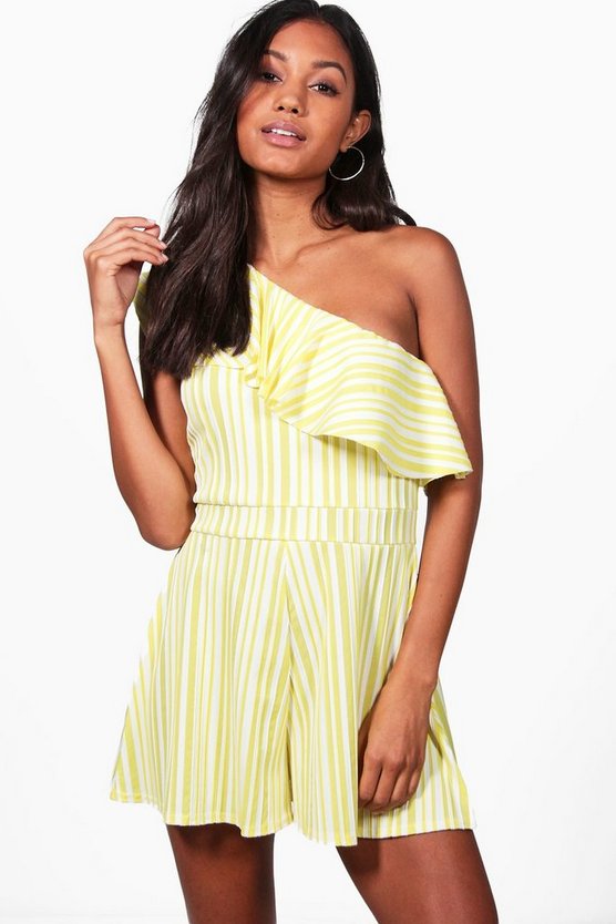 Claire Striped One Shoulder Frill Playsuit