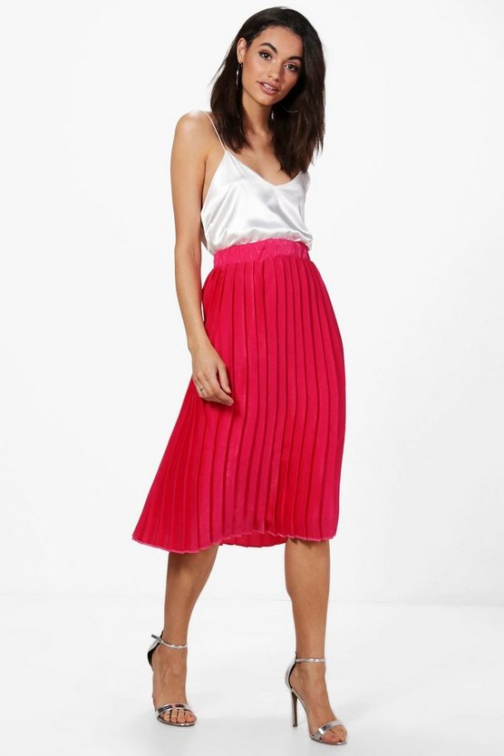 Premium Aura Satin Pleated Midi Skirt | Boohoo