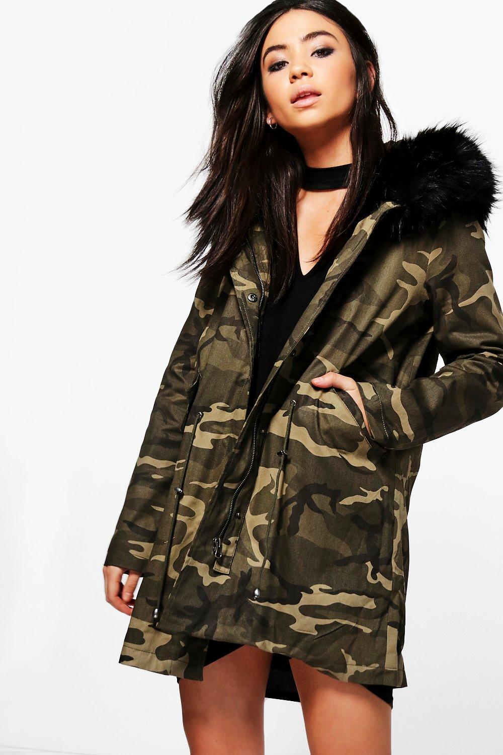 camouflage coat with fur hood