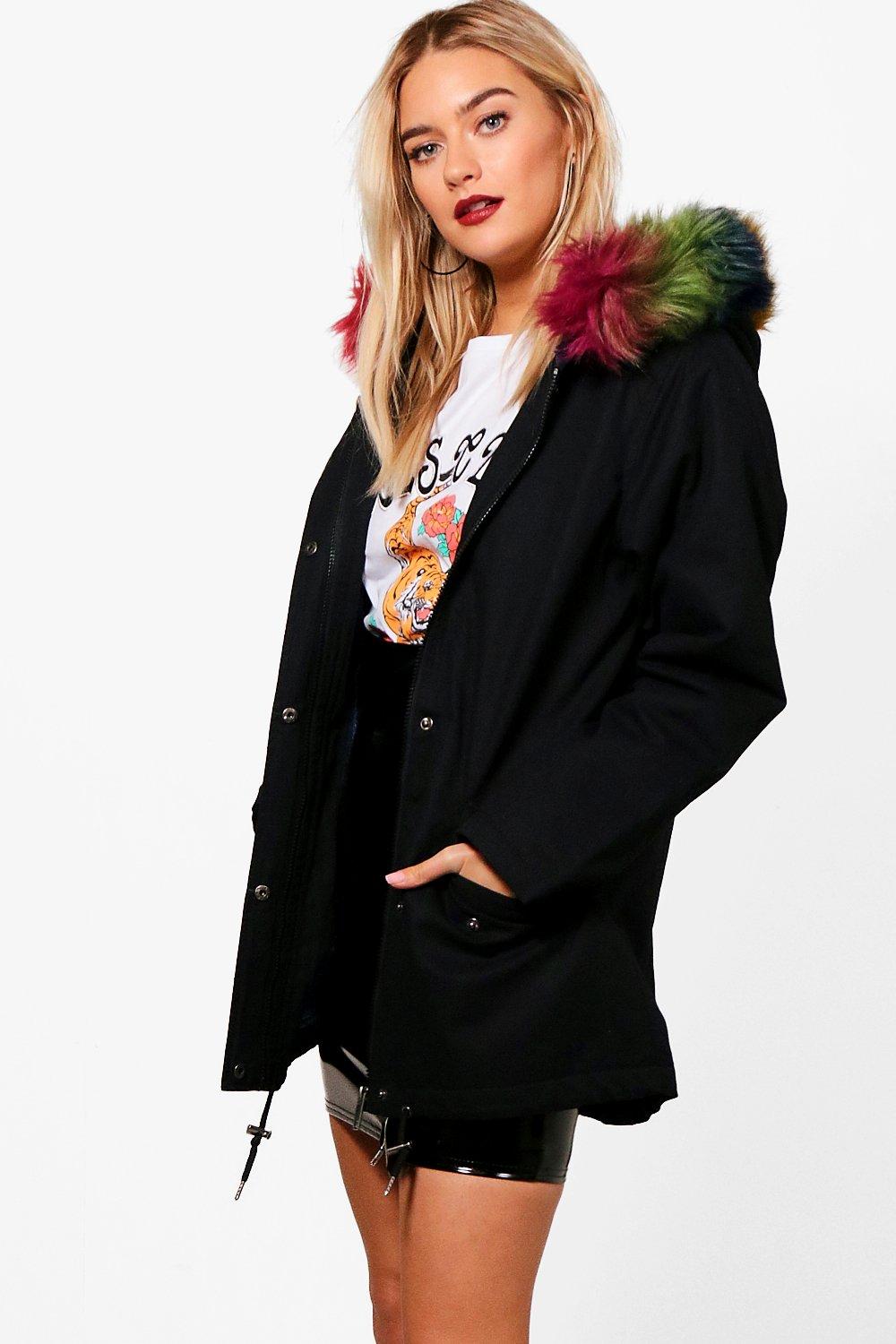 coat with rainbow fur hood