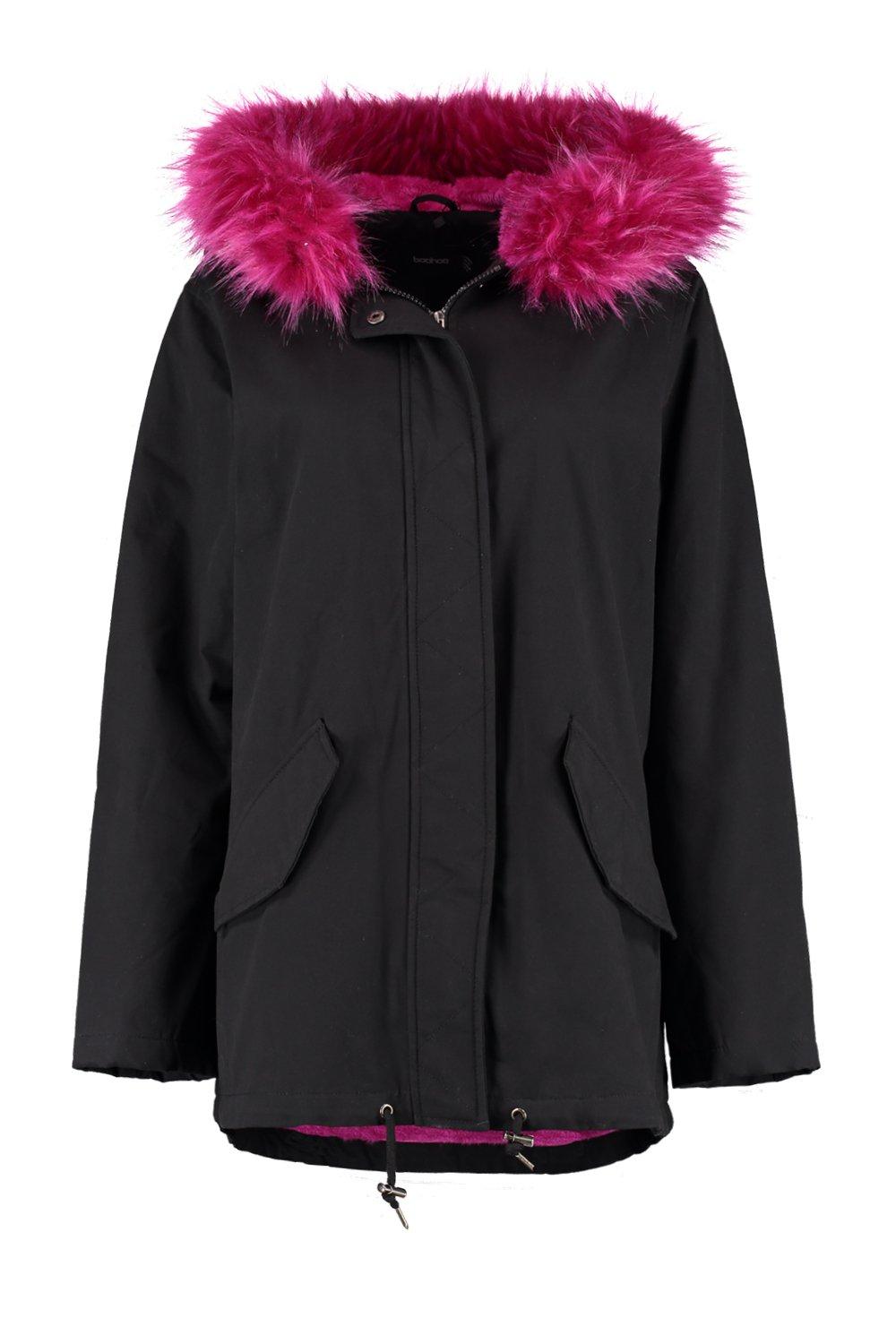 black jacket with pink fur hood