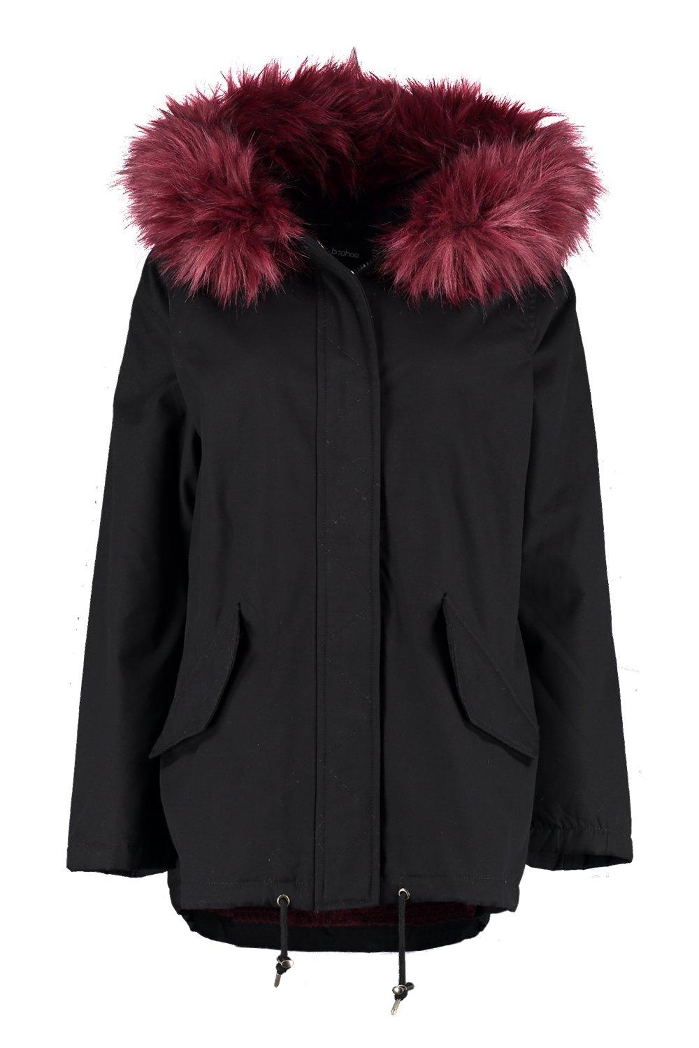 burgundy parka with fur hood