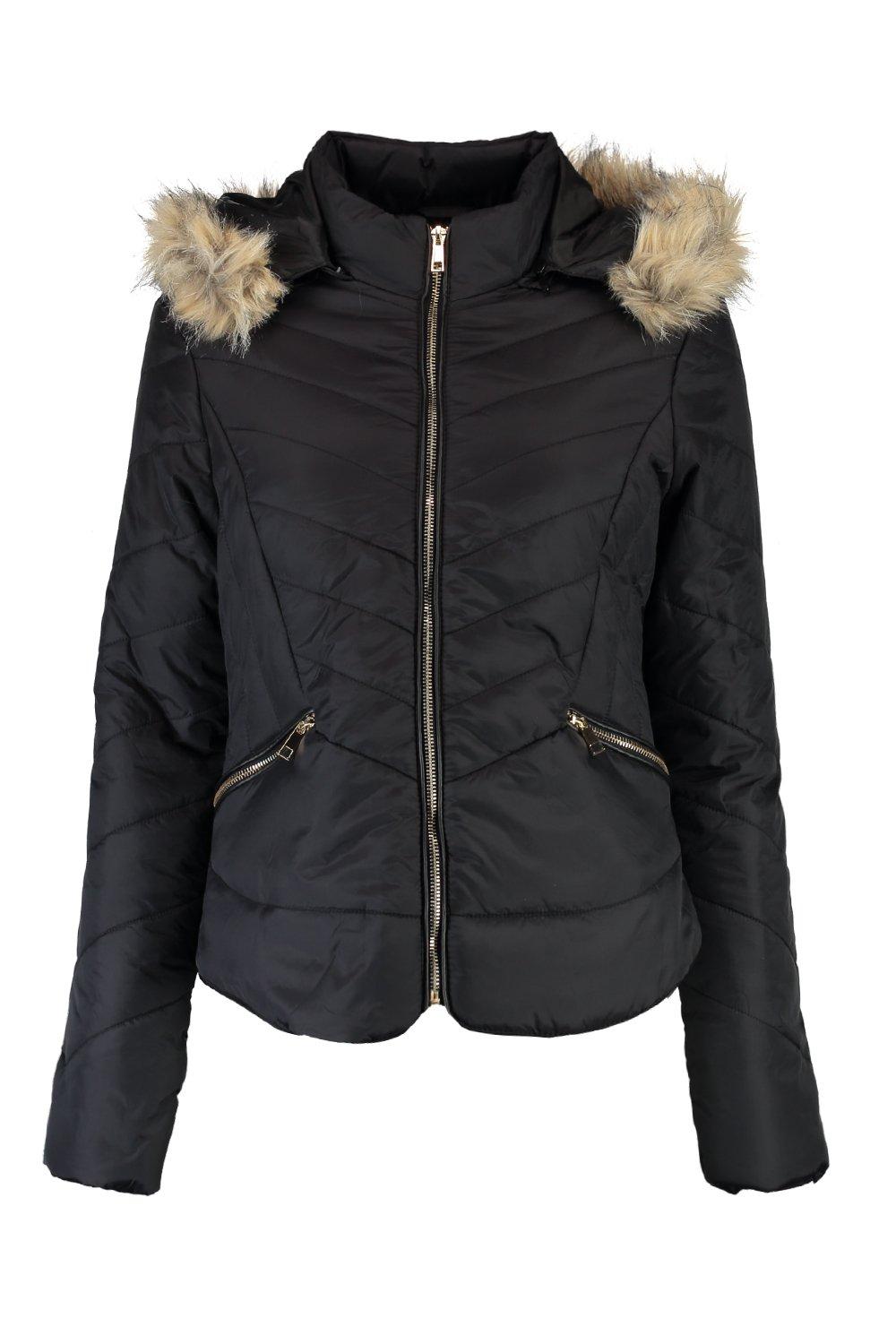 fitted padded jacket with faux fur hood