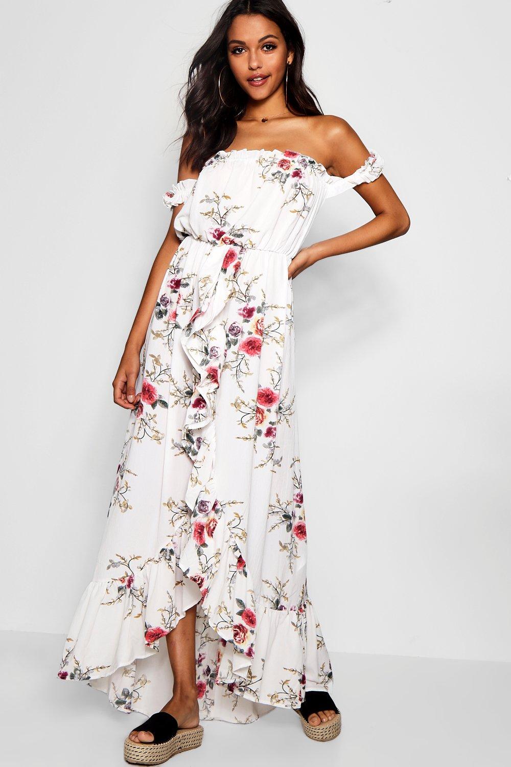 white floral off the shoulder maxi dress